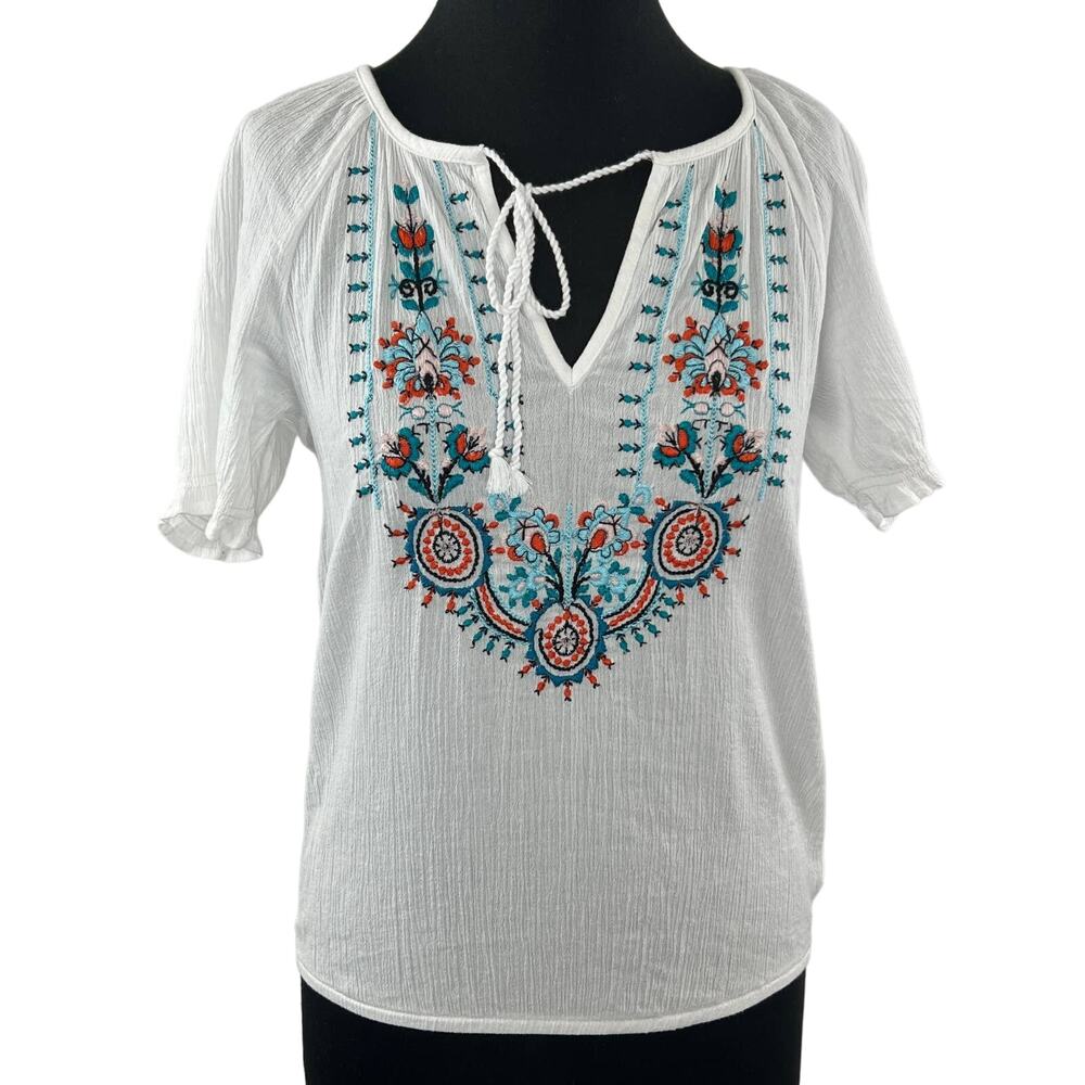 LUCKY BRAND White Embroidered Boho Floral Tassel Tie V-Neck Short Sleeve Top S